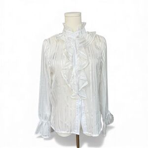 Victorian ruffle high neck textured sheer Elegant White Ruffle Blouse S